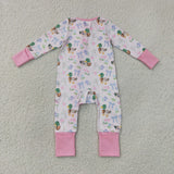 LR3071 baby girls duck bow pink long sleeve floral zipper romper