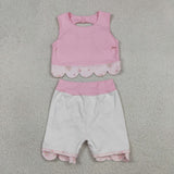 GSD3321 baby girls solid pink sleeveless checkered bow skirt Outfits yoga
