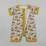 SR4183 baby boys Excavator yellow short sleeve zipper romper
