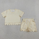 Matching Baby girls solid checkered short sleeve scalloped shorts outfits