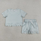 Matching Baby girls solid checkered short sleeve scalloped shorts outfits