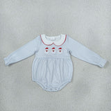 Matching Baby girls Christmas Santa blue stripe long sleeve collar clothing embroidery