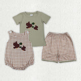 Matching Baby boys duck checkered short sleeves romper outfits embroidery