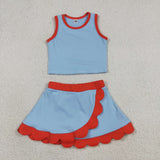 GSD4020 baby girls blue red sleeveless scalloped skirt Outfits yoga