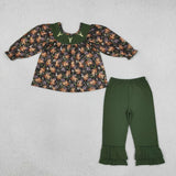 GLP2908 baby girls leaves deer green outfits embroidery