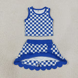 GSD4110 baby girls blue checkered sleeveless scalloped skirt Outfits yoga