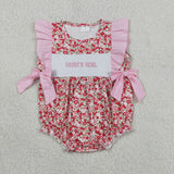 Matching Girls pink red flower summer romper outfits embroidery