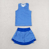 GSD3652 baby girls blue checkered sleeveless skirt Outfits yoga