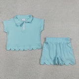 GSSO3376 girls solid blue zipper scalloped shorts outfits