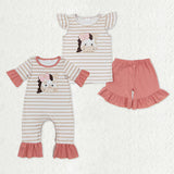 Matching Baby girls cow pink orange stripe romper outfits embroidery