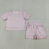 Matching Baby girls solid checkered short sleeve scalloped shorts outfits