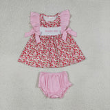 Matching Girls pink red flower summer romper outfits embroidery