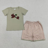 Matching Baby boys duck checkered short sleeves romper outfits embroidery