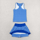 GSD3652 baby girls blue checkered sleeveless skirt Outfits yoga
