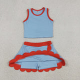 GSD4020 baby girls blue red sleeveless scalloped skirt Outfits yoga