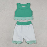 GSD3320 baby girls solid green sleeveless checkered bow skirt Outfits yoga