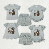 Matching Girls boys girls monkey blue short sleeve checkered romper outfits