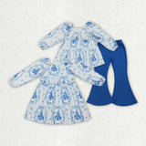 Matching Girls caster blue long sleeve outfits