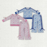 Matching girls flowe long sleeves pants bow clothing
