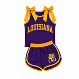 Sample girls LSU purple yellow sleeveless shorts outfits