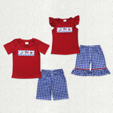 Matching boys hunting blue short sleeve camo shorts outfits embroidery