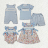 Matching  Baby boys girls flower blue summer romper outfits