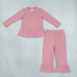 Matching  girls solid blue navy long sleeve ruffle clothing cotton