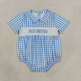 SR4231 baby girls boys baby brother blue checkered romper smocked