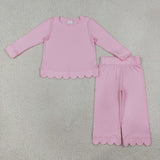 Matching Baby girls solid long sleve pant scalloped outfits cotton