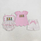 Matching Baby girls Easter bunny pink romper outfits embroidery