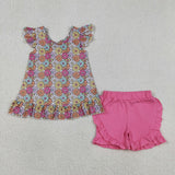 GSSO3353 girls flower flying sleeve pink bow shorts outfits