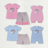 Matching  Baby boys girls baseball blue pink short sleeve checkered shorts outfits embroidery