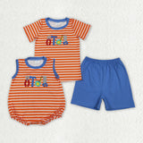 Matching Baby boys tool orange stripe short sleeves romper outfits embroidery