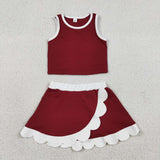 GSD4027 baby girls red white sleeveless scalloped skirt Outfits yoga