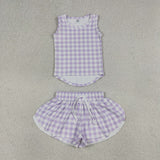 GSSO3477 girls purple checkered sleeveless shorts outfits yoga