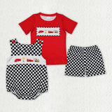 Matching Baby boys summer cartoon car black white plaid outfits clothing