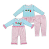 Christmas embroidery santa blue and pinl kids clothing