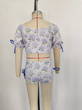 Short sleeves lavender floral two piece girls swimsuit