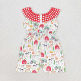 Plaid pig horse chicken pockets baby girls farm jumpsuit