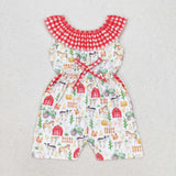 Plaid pig horse chicken pockets baby girls farm jumpsuit