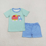 Green stripe apple crayon top shorts boys back to school clothes