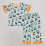 Short sleeves dog witches kids girls halloween pajamas