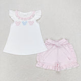 White flutter sleeves mouse top pink plaid shorts girls clothes