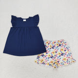 Flutter sleeves navy top floral shorts girls clothes