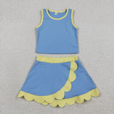 GSD4022 baby girls blue yellow sleeveless scalloped skirt Outfits yoga