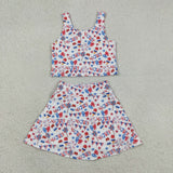 GSD3498 baby girls July Fourth bow flag sleeveless skirt Outfits yoga