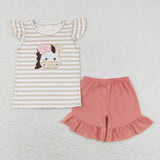 Matching Baby girls cow pink orange stripe romper outfits embroidery