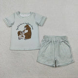Matching Girls boys girls monkey blue short sleeve checkered romper outfits