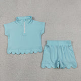 GSSO3376 girls solid blue zipper scalloped shorts outfits