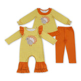 Matching Baby girls Thanksgiving turkey stripe long sleeves cloting embroidery